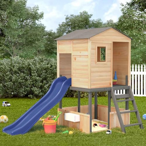 Emmtore Holzspielhaus mit Rutsche für Kinder ab 3 Jahren,Massives Tannenholz,Gartenabenteuer Spielturm, Spielgerät Dunkelgrau