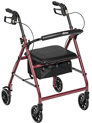 Drive Medical Aluminum Rollator Walker Fold Up and Removable Back Support, Padded Seat, 6 Wheels, Red