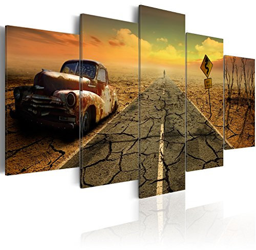 B&D XXL - Wandbilder XXL Reise 200x100cm 5 tlg - Wand Deko Leinwand Bilder Groß Wanddeko Wohnzimmer Schlafzimmer Kunstdrucke - Wüste Straße Auto Weg 020112-22
