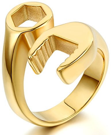 JewleryWe Mens Stainless Steel Ring Spanner Mechanic Wrench Tool Biker Polished, Color Gold (W)