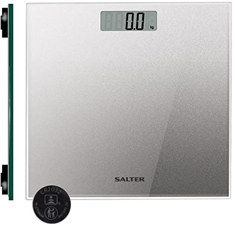 Salter 9037 SVGL3R Badezimmerwaage mit Glitzer, digitale Personenwaage, Plattform aus gehärtetem Glas, gut ablesbare, sofortige Gewichtsmessung, glaswaage, Waage 180kg Kapazität, körperwaage, Silber