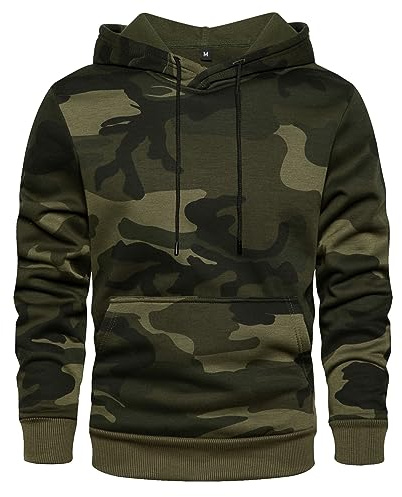 MANLUODANNI, felpa da uomo con cappuccio in pile camouflage, Verde militare, S