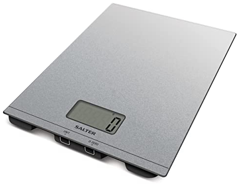 Salter 1173SVGLR Báscula electrónica de cocina gris brillante diseño elegante, capacidad máx. de 5 kg, Añadir y pesar, mide líquidos, acero inoxidable pulido, gris brillante