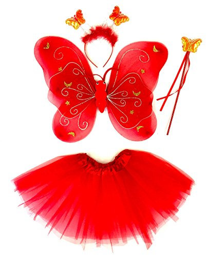 Tante Tina - 4-pièces Déguisement de fée Papillon - Ailes, Baguette, Serre-tête et Jupe - Rouge avec Serre-tête