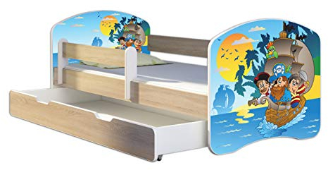 Kinderbett Jugendbett mit einer Schublade und Matratze Sonoma mit Rausfallschutz Lattenrost ACMA II 140x70 160x80 180x80 (21 Piraten, 180x80 + Bettkasten)