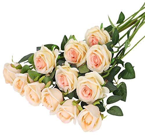 Hawesome 12PCS Artificial Roses Fake Flowers Single Long Stem Blooms with Rose Buds Wedding Decoration Bridal Bouquet Decorative Flower Arrangement Home Decoration Party Centerpieces in Champagner