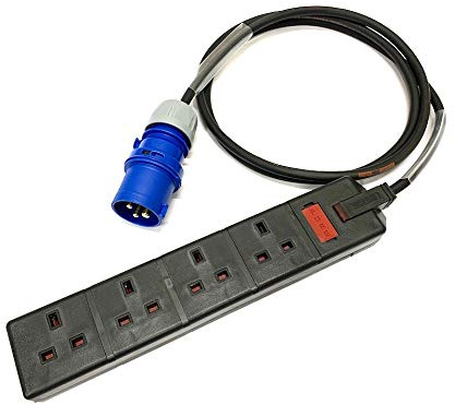 16 Amp Plug to 13 Amp 4-Gang Socket Adaptor - PCE Blue - Heavy Duty H07RN-F Rubber Cable - 16A-13A Adapter Converter Lead (5 Metre)
