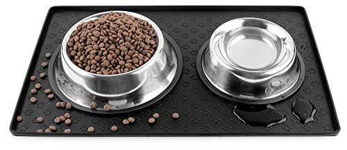 Pet Feeding Mat for Dogs Cats Rabbits, Non-Slip Grip for Wood Floor or Carpet, Silicone Waterproof Mat for Bowls Food Treats (M: 18.9x11.8in, Black)