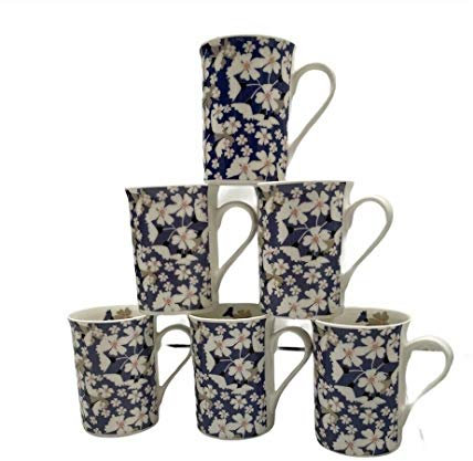 tamergifts Fine Bone China Set of 6 Mugs (Blue Daisy Flower Mugs)