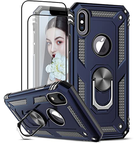 LeYi Coque pour iPhone X/XS avec 2 Verre Trempé, Anneau Support Militaire Anti-Chute Double Couche Renforcée Défense Rigide Etui Protection pour iPhone X/XS Bleu