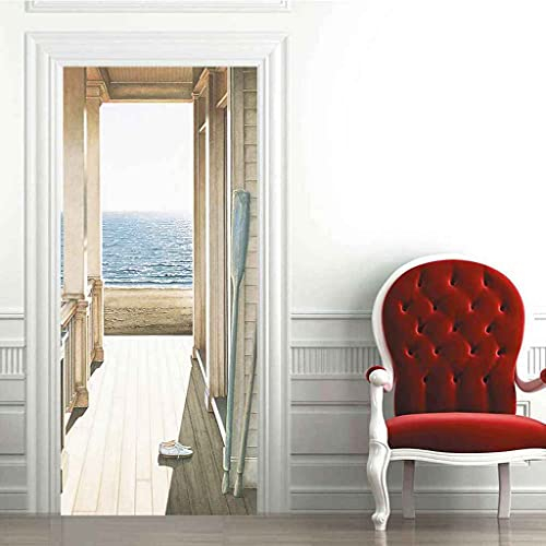 JFEDMN Türaufkleber Kinderzimmer Türtapete Türbilder Türposter Selbstklebend 3D Holzkorridor am Strand 90X210Cm Wasserdicht Abnehmbare Wandbilder Für Schlafzimmer WC Büro Dekoration