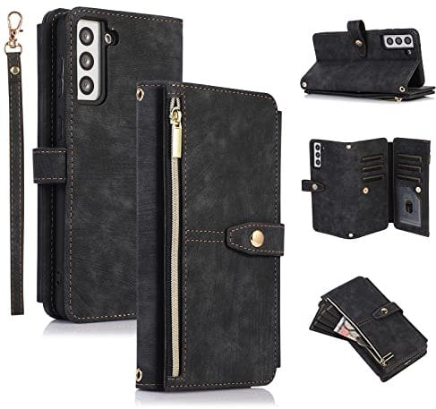 UEEBAI Case for Samsung Galaxy S22 Plus 5G, 9 Card Slots Retro Leather Wallet Shockproof Flip Cover with Hand Strap Card Slots Zipper Pocket Kickstand Handbag Magnetic Closure - Vintage Black