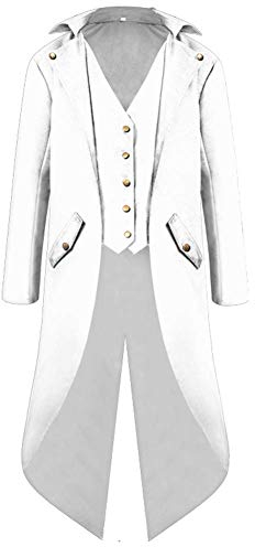 FYMNSI Herren Gothic Steampunk Frack Mantel Männer Mittelalter Viktorianischen Vintage Jacke mit Waistcoat Uniform Lange Smoking Karneval Fasching Halloween Kostüm Party Cosplay Verkleidung Weiß L