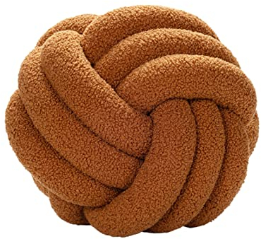 JYCRA Knoten-Kissen, rund, Lammwolle, Kissen, Boucleball, handgefertigt, geknotet, Ball, Schlafzimmerdekoration, braun