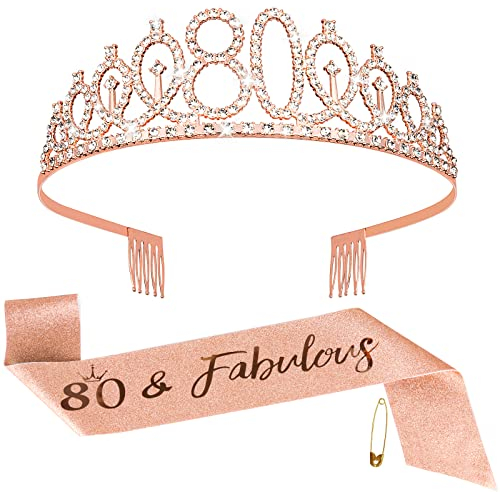 Fowecelt 80th Birthday Sash Tiara - Rose Gold Birthday Queen Tiara and Sash for Women, Rhinestone Crowns Kit for 80th Birthday Gifts, Crystal Tiara Satin Sash for 80th Birthday Party