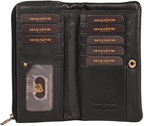 MATADOR Puebla Leder Portemonnaie Damen Schwarz Mittelgroß Mit Edler Geschenk Box | Geldbörse im Hochformat | RFID Geldbeutel