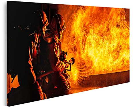 Bild auf Leinwand Feuerwehrleute Flammen löschen Feuerwehr im Einsatz Wandbilder Wohnzimmer Wohnung Deko Kunstdrucke Format: 100x57cm