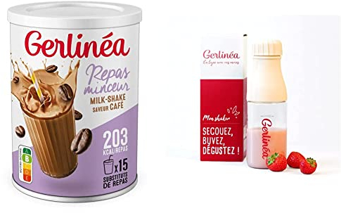 Gerlinéa Boisson Milkshake goût Café + Shaker, Substituts de repas riche en protéines Poudre à reconstituer contient 15 repas, Shaker inclus