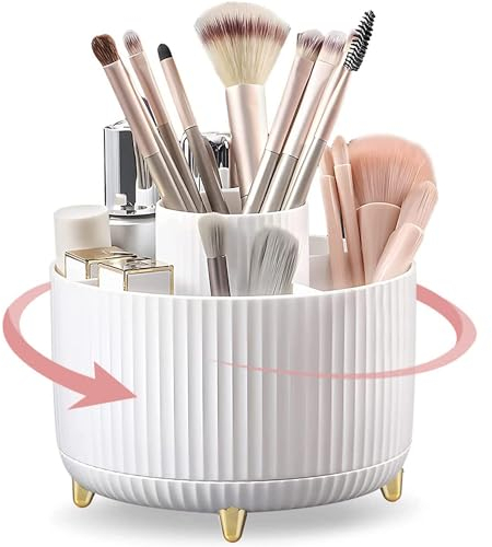 JADEMALL Rotating Makeup Organiser, 360°Rotating Large Capacity Brush Holder, Storage with 5 Slots, Brushes Cup for Vanity, Bathroom, Desk Container, Cosmetic Display Cases - White