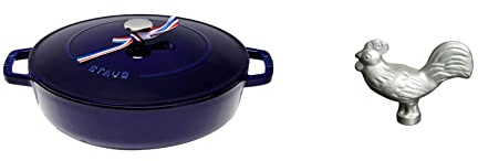 STAUB 40511-476-0 Cast Iron Chistera, Dark Blue, 28 cm & 40509-346-0 Rooster Lid Knob, Cast Iron, Silver