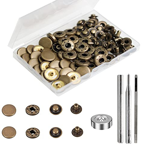 24 Sets Heavy Duty Leather Snap Fasteners Kit, BetterJonny 15mm Metal Snap Buttons Press Studs Leather Rivets Snaps with 4 Setter Tools for Clothes Bracelet Jackets Jeans Antique Brass