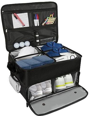 2-lagiger Golfkoffer-Organizer, wasserdichte Auto-Golf-Schuhtaschen Schließfach mit separatem belüftetem Fach für 2 Paar Schuhe, Golfschuhbeutel für Bälle, Tees, Kleidung, Handschuhe, Schwarz ,