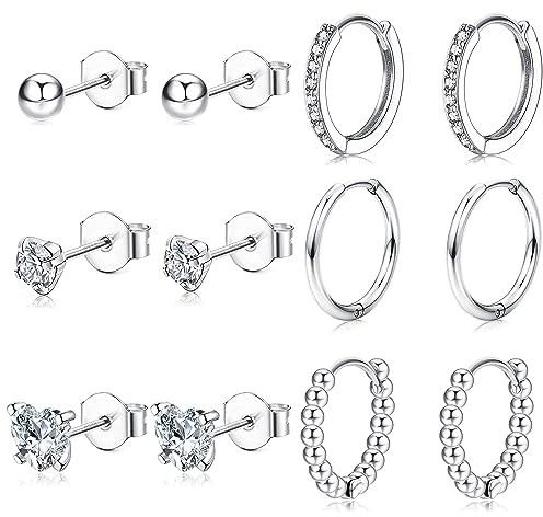 JeweBella 6 Paar Ohrringe Silber 925 für Damen Mädchen Ohrringe Creolen Silber Hypoallergen Zirkonia Ohrstecker Silber Knorpel Ohrringe Set Klein Ohrringe Silber 925 Creolen für Mehrere Piercings