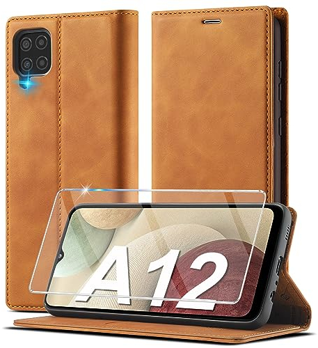 Ailicici Handyhülle für Samsung Galaxy A12/ M12 - Leder Klapphülle mit Schutzfolie, Magnetischer Verschluss, Ständer, Braun
