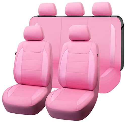 Flying Banner Universal Carbon Fibre Leather Car Seat Covers Airbag Compatible Seat Protector (Full Set, All Pink)