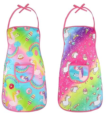 2 Piezas Delantal Niño, Delantales Ajustables para Niños con Bolsillo, Delantales de Unicornio para Niñas de 3-6 Años, Delantales de Cocina Infantiles para Cocinar, Pintar, Hornear, Limpiar, Jardinear