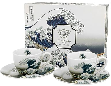 DUO ART GALLERY 2er-Set Espressotassen 90 ml GREAT WAVE mit Untertassen, New Bone China Porzellan