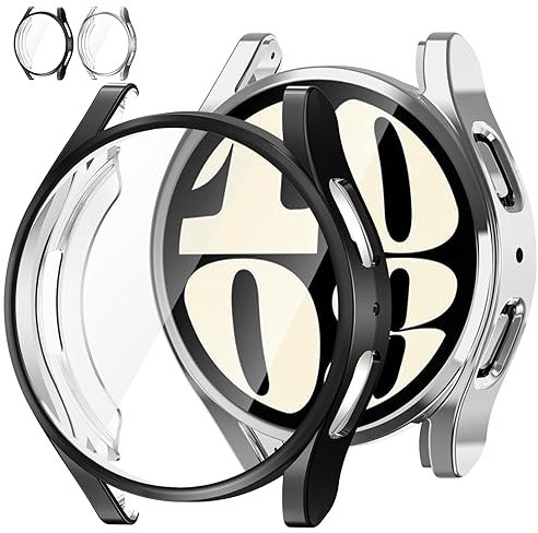 Jvchengxi Funda Protector Samsung Galaxy Watch 6 40mm, Flexible TPU Carcasa Cobertura Total Antiarañazos Protector de Pantalla Protectora Case para Galaxy Watch 6 40mm (Negro+Plata)