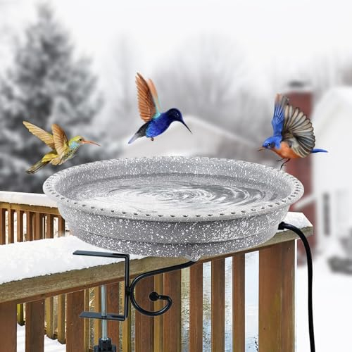 Feemiyo Beheizte Vogeltränke für den Außenbereich für den Winter, 75 W, beheizte Vogeltränke mit thermostatisch gesteuerter, beheizter Vogeltränke für Deckgeländer für alle Jahreszeiten, Garten, Grau