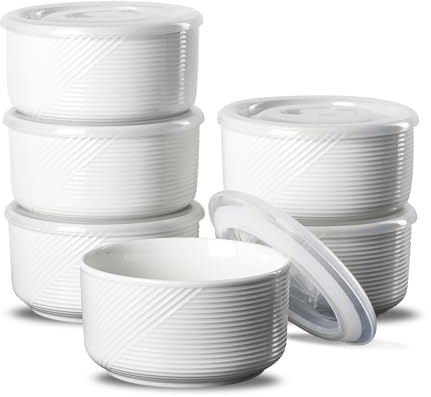 Adewnest Ceramic Bowls with Lids: 5 Inch Porcelain Bowls Set of 6 Microwave Safe - Food Storage Containers with Lids - Serving Bowls with Lids for Lunch, Picnic, Camping, 20 oz (White)