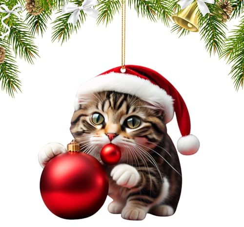 Ellxen Ciondolo per albero di Natale a forma di gatto, in acrilico 2D, regalo di Natale, divertente decorazione natalizia per veranda, corridoio, ufficio, dormitorio, vacanza