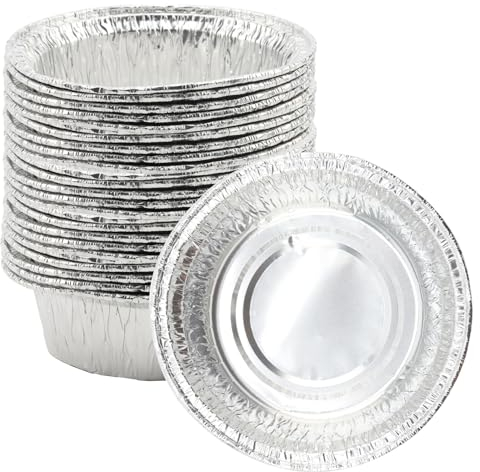 MOUYAT 250 platos de papel de aluminio de 300 ml, bandejas redondas de aluminio de 4.8 pulgadas, recipientes pequeños de papel de aluminio para hornear, cocinar, servir y almacenar