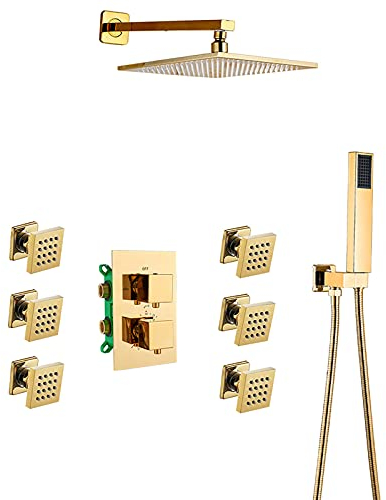 Gold-Duschsystem, Thermostat-Duscharmatur-Set mit 6 Körpersprühdüsen, Messing-Duschkombinationsset, Wandmontage-Mischbatterie mit Duschkopf, Handbrause, 12 Zoll