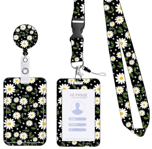 Porte-badge avec cordon tour de cou réglable avec carte rigide pour infirmière, enseignante, médecin, affichage d'identité (marguerite)