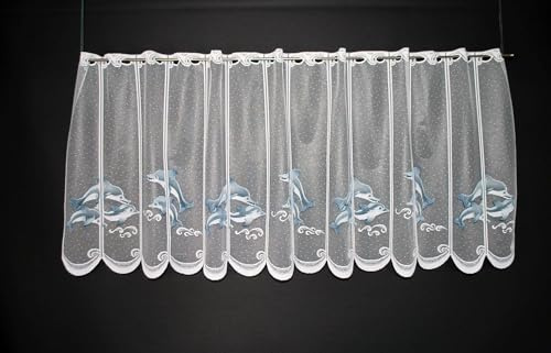 Gardinen Kranzusch Scheibengardine Delfin 60x110 cm H/B weiß grau-blau Bistrogardine Vorhang Küche 1er Pack