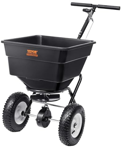 VEVOR Esparcidor de Abonos 45 kg Esparcidor de Sal Quitanieves de Semillas con Ruedas Grandes 305 mm 56 L Tolva Sembradora de Semillas de Césped de Acero para Residencial, Agrícola, Terrenos, Negro