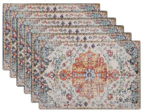 Boho-Teppich-Tischsets, 6er-Set, Vintage, Orange, Blau, ethnisch, Bohemian-Blumenmuster, Leinen, waschbar, Küche, Esstisch, schmutzabweisend, hitzebeständig, Schreibtisch-Dekoration, Platzsets für