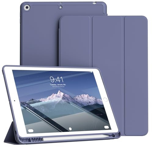 KVTVOU Hülle für iPad 9. / 8. / 7. Generation 10,2 Zoll, Violett | Weiche TPU Rückseite, Ultradünn Stoßfest Hülle mit Stifthalter für iPad 9/8/7 (2021/2020/2019), Auto Wachen/Schlafen