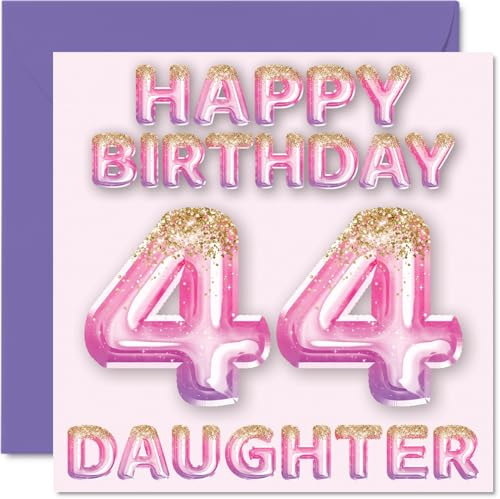 44th Birthday Card for Daughter, Pink & Purple Glitter Balloons | Happy Birthday Cards for 44 Year Old Daughter from Mum or Dad Parents, 145mm Bday Greeting Cards Gift