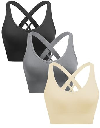 ANGOOL Sport BH Damen ohne Bügel Push Up BH Starker Halt Sport Bustier Damen Gepolstert Crossback Seamless Yoga Joggen Gym Sports Bra, Schwarz+Grau+Beige, XL