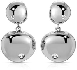 Ettika Dangle Earrings for Women. Polished Double Pebble Drop Earrings, Rhodium Plated Earrings birthday gifts for women , Rhodium Plated , Cubic Zirconia