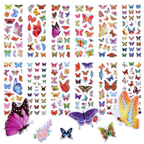 Amabro 12 Stück 3D Schmetterlingsaufkleber für Kinder, Sticker Schmetterling farbenfrohe Frühlingsblumen-Puffy-Aufkleber, Partyzubehör, Dekoration für Scrapbooking Lehrerklassenzimmer Mehrfarbig
