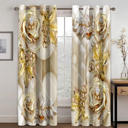 SJSXWQN Vorhänge Goldene Rose Gardinen mit Ösen Vorhang Blickdicht Thermo Verdunklungsvorhänge Schiebegardinen für Schlafzimmer Wohnzimmer H 245 x B 140 cm 2er Set