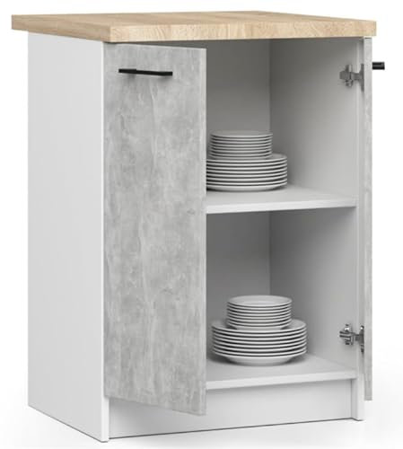 BDW - Küchenschrank Weiß/Beton - Schrank Küche mit Türen und Arbeitsplatte - Schrank 60 cm breit, 85 cm hoch - Küchenschränke Einzeln, Küchenmöbel Einzelteile