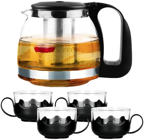 BORDEAG Teiera, Teiera in Vetro, 700ml Bollitore per tè con Infusore Rimovibile E Fioritura Foglia Sciolta Tea Maker E 4 Tazze da tè in Vetro Set, Teiera in Vetro per tè Fiorito,tè Sfuso