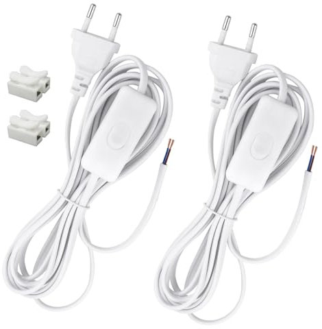 TXErfolg 2 Pièces Cordon avec Interrupteur 3M Câble de Connexion avec Euro Fiche, 2 x 0,75 mm², 2 x Câbles de d'alimentation avec Interrupteur pour Lampes, Lampes de Table, lampadaires(Blanc)
